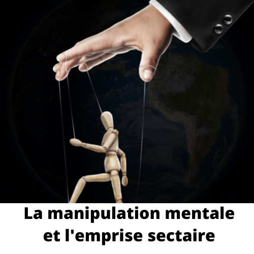 une main qui manipule  et tire les ficelles d'un mannequin en bois pour représenter la manipulation mentale et les dérives sectaires