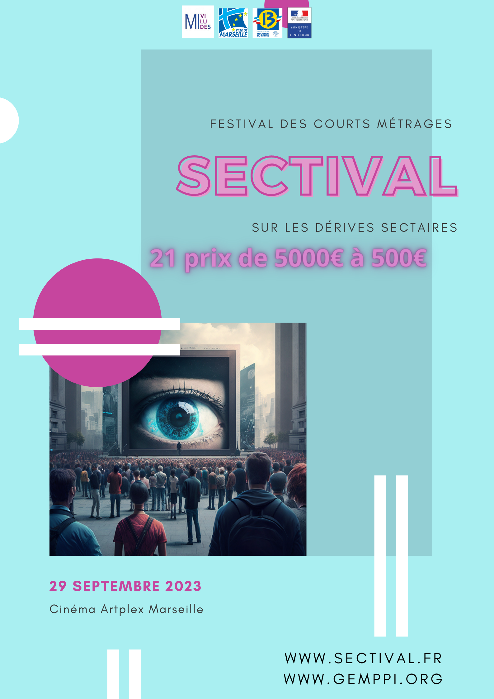 affiche du festival de courts métrages, Sectival, sur les dérives sectaires le 29 septembre 2023 sur Marseille